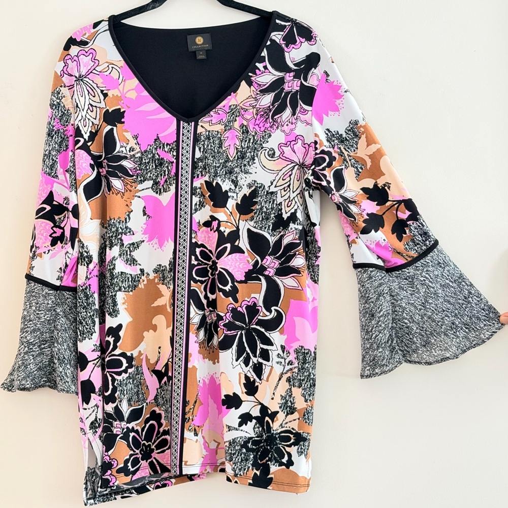 JM Collection Pink & Black Floral Blouse with Sheer Bell Sleeves Size 1X